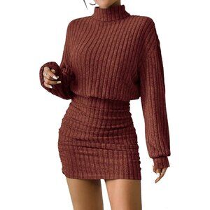 Women Ribbed Knit Sweater Red Dress Lantern Sleeve Turtleneck Mini Bodycon